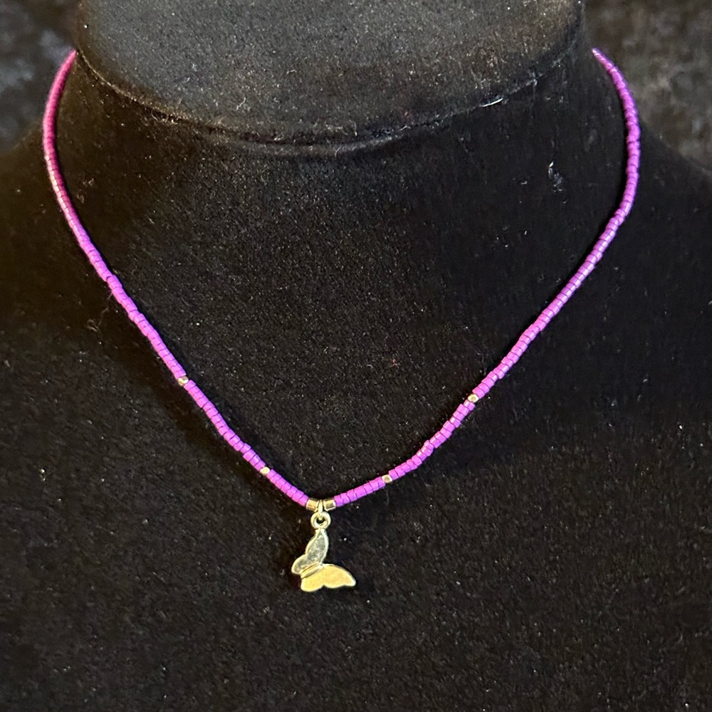 NWT Anne Marie Pink Beaded Necklace with Gold Butterfly Pendant